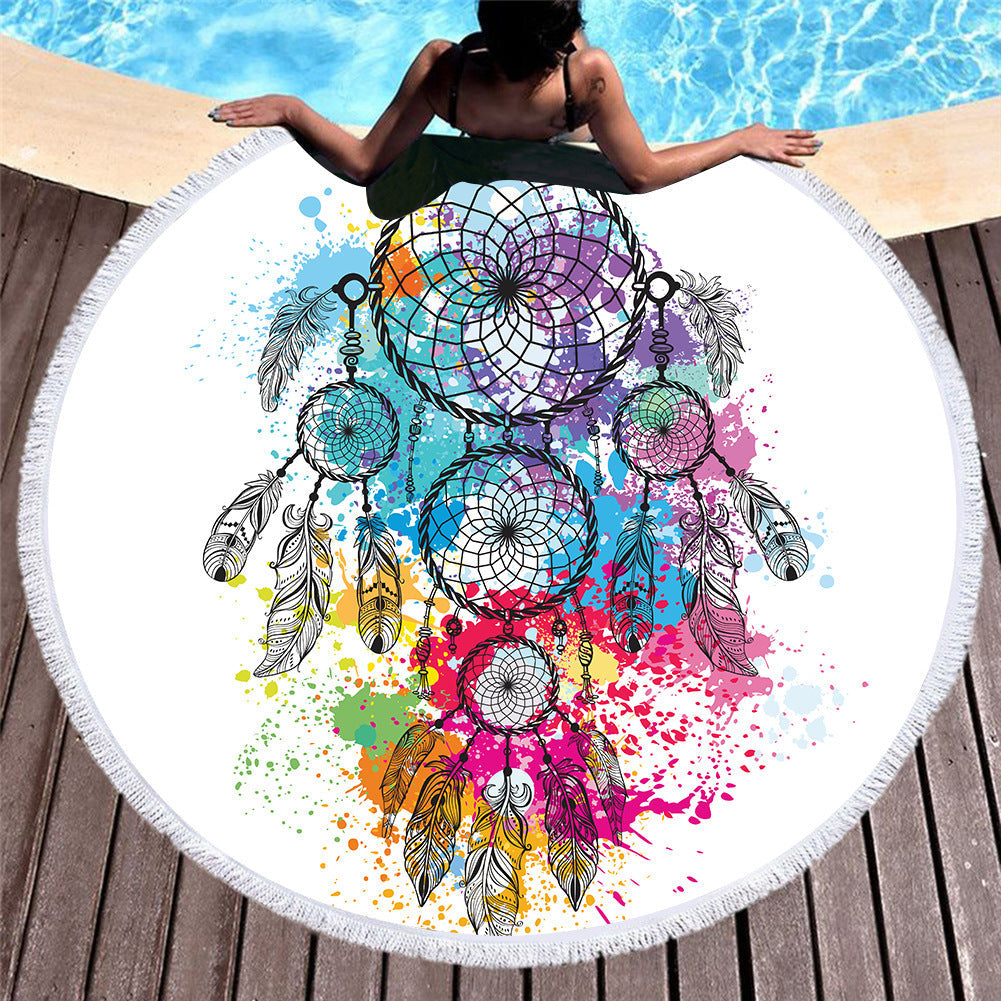 KTX-451219 Microfiber Round Beach Towel with Fringed Edge and Eco-Friendly Printing, 150cm