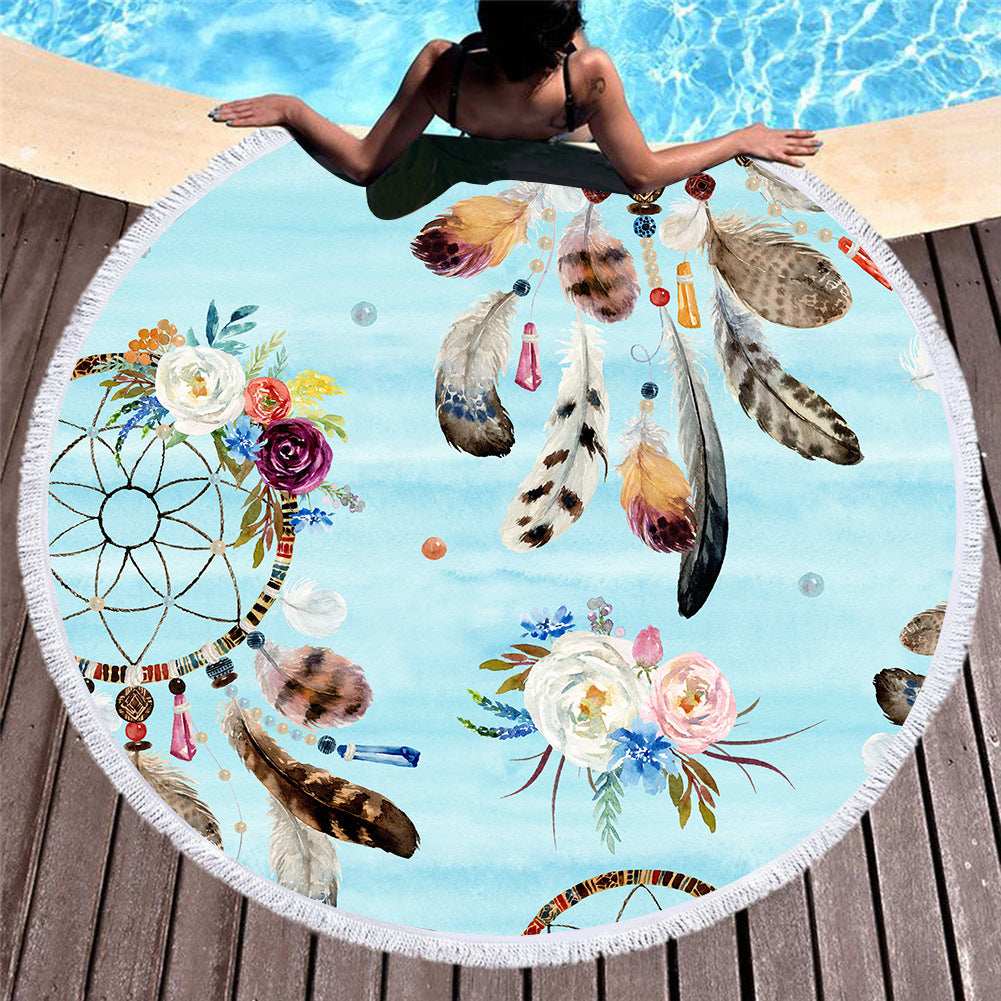 KTX-451219 Microfiber Round Beach Towel with Fringed Edge and Eco-Friendly Printing, 150cm