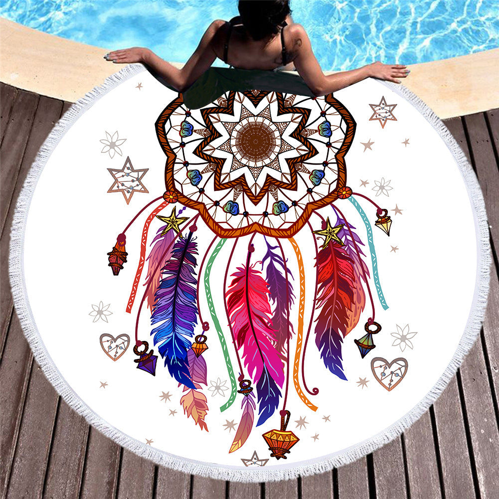 KTX-451219 Microfiber Round Beach Towel with Fringed Edge and Eco-Friendly Printing, 150cm