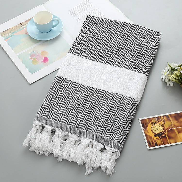 KTX-452371 Handmade Geometric Pattern Cotton Tassel Blanket Turkish Beach Towel