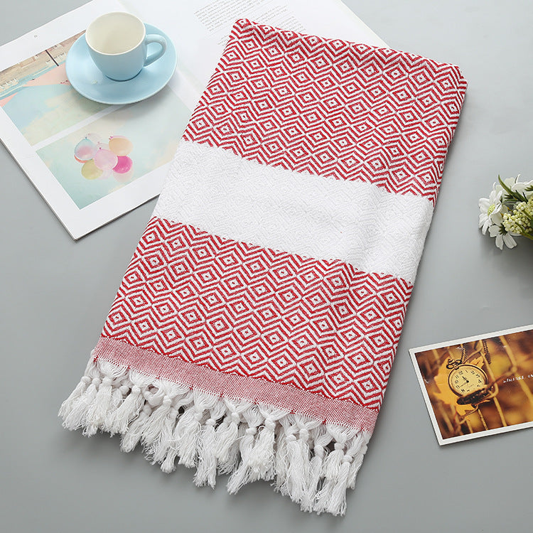 KTX-452371 Handmade Geometric Pattern Cotton Tassel Blanket Turkish Beach Towel