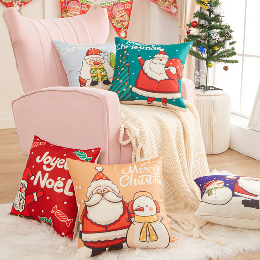 KTX-452755 Christmas Cartoon Santa Cushion Pillow Cover - 45x45cm Polyester Linen, Modern Design in Multiple Colors