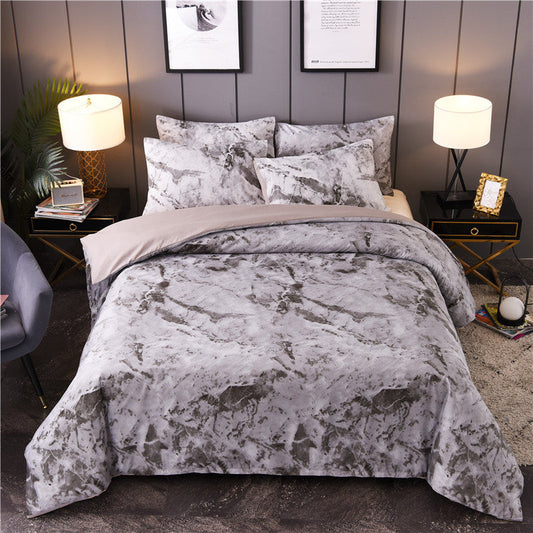 KTX-453267 Marbled Black and White Polyester Duvet Cover Set - Geometric Design, Various Sizes Available