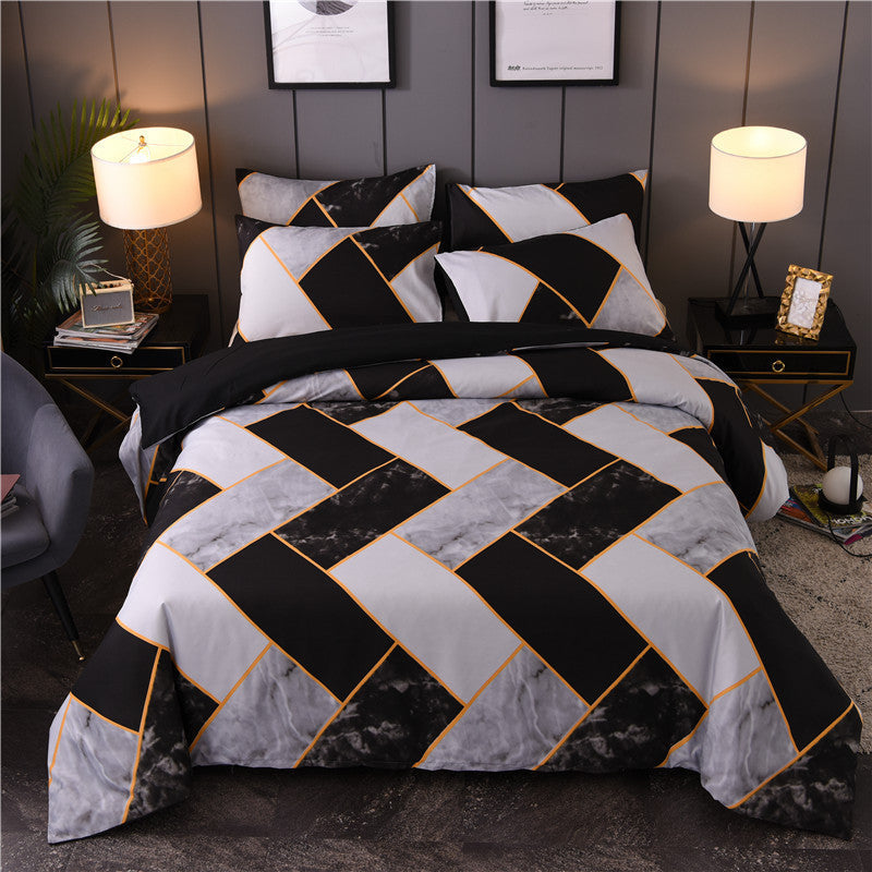 KTX-453267 Marbled Black and White Polyester Duvet Cover Set - Geometric Design, Various Sizes Available
