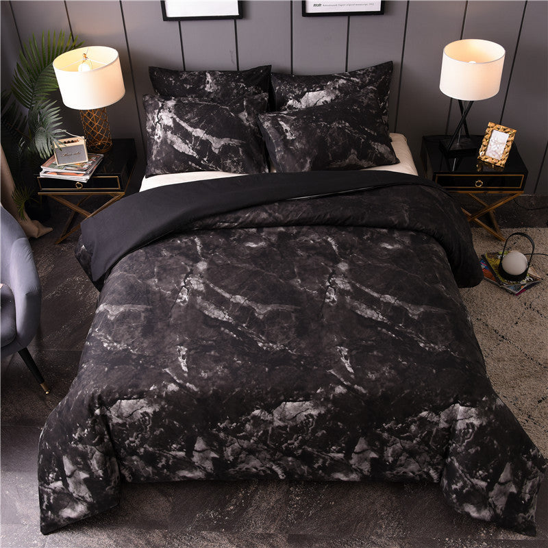 KTX-453267 Marbled Black and White Polyester Duvet Cover Set - Geometric Design, Various Sizes Available
