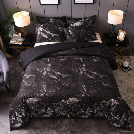 KTX-453267 Marbled Black and White Polyester Duvet Cover Set - Geometric Design, Various Sizes Available