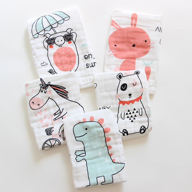 KTX-453523 6-Layer Embroidered Square Scarf Set for Babies and Toddlers, Cotton Saliva Towels in Various Designs