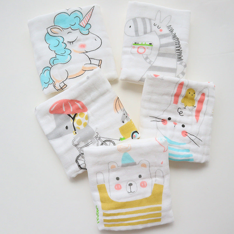 KTX-453523 6-Layer Embroidered Square Scarf Set for Babies and Toddlers, Cotton Saliva Towels in Various Designs