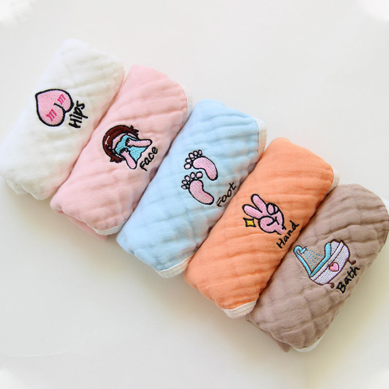 KTX-453523 6-Layer Embroidered Square Scarf Set for Babies and Toddlers, Cotton Saliva Towels in Various Designs
