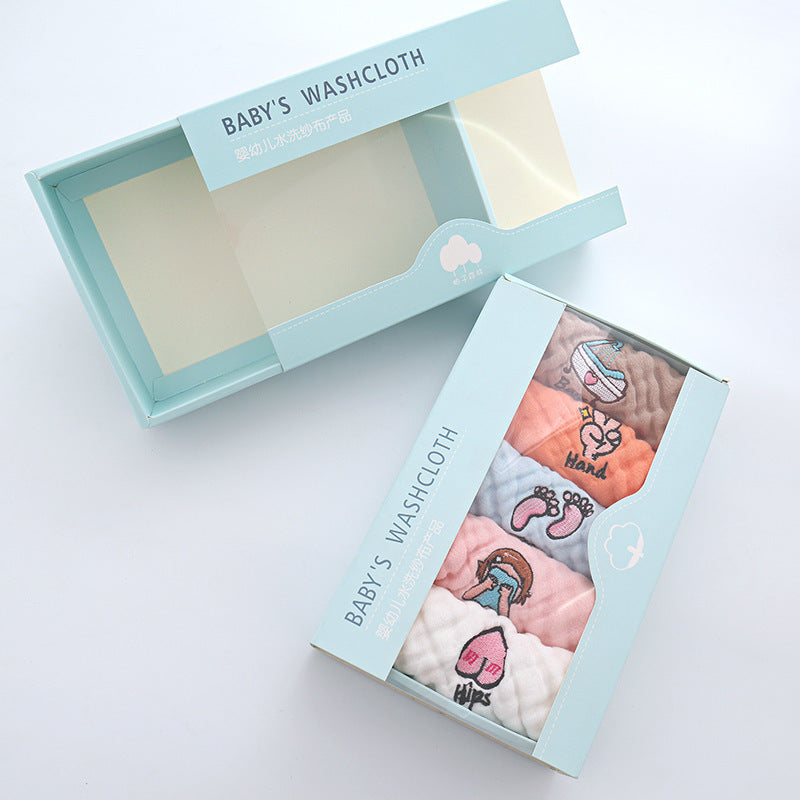 KTX-453523 6-Layer Embroidered Square Scarf Set for Babies and Toddlers, Cotton Saliva Towels in Various Designs