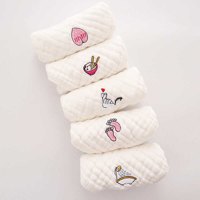 KTX-453523 6-Layer Embroidered Square Scarf Set for Babies and Toddlers, Cotton Saliva Towels in Various Designs