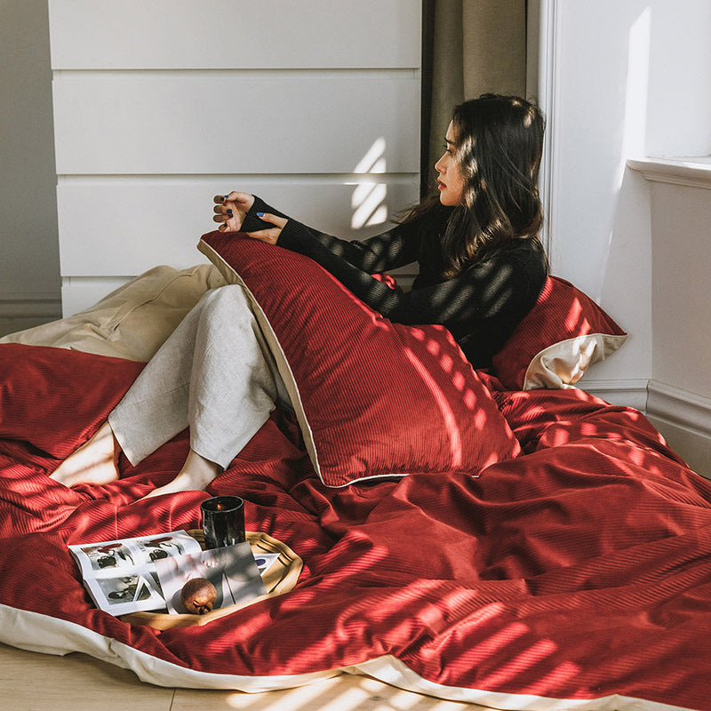 KTX-454419 Winter Milk Fleece Four-Piece Bedding Set - Cozy Heat-Storing Quilt Cover, Sheets, and Pillowcases in Varied Colors