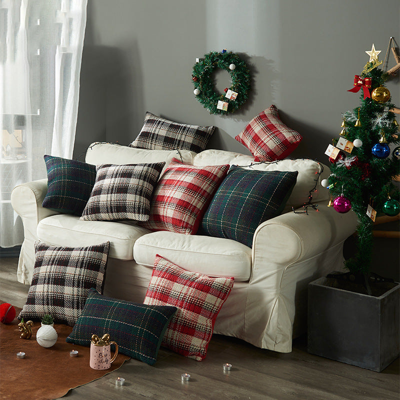 KTX-457235 Plaid Wool Pillowcase for Festive Home Decor in Red, Green, and Black - Available in Multiple Sizes