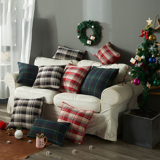 KTX-457235 Plaid Wool Pillowcase for Festive Home Decor in Red, Green, and Black - Available in Multiple Sizes