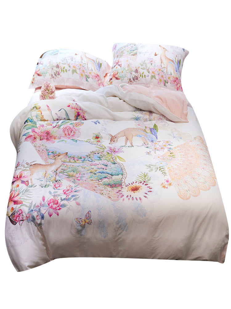 KTX-457555 Light Luxury Egyptian Long Staple Cotton Bed Set - Four Pieces, Pastoral Flower Print, Sizes for 1.5m to 2.0m Beds