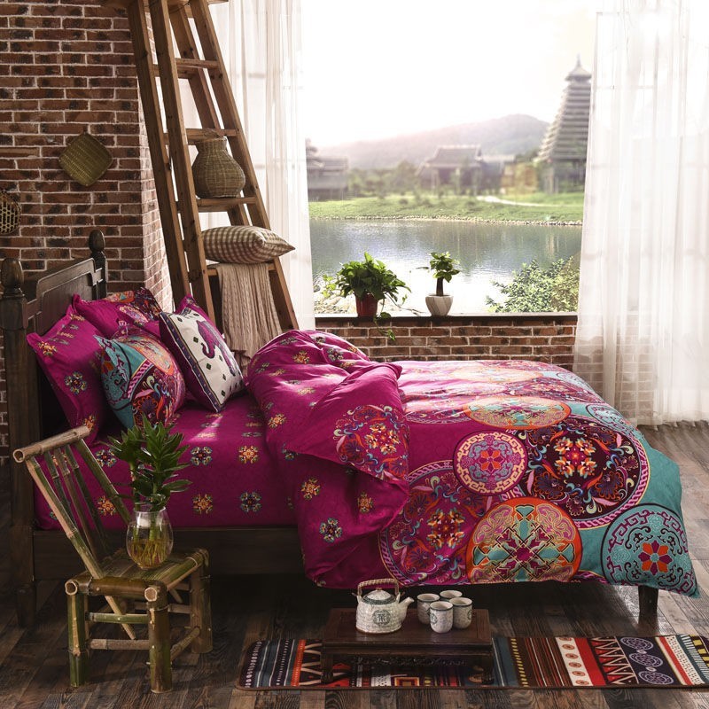 KTX-457875 Cotton Ethnic Style Bedding Set with Geometric Pattern - Three Quilt Covers in Various Sizes