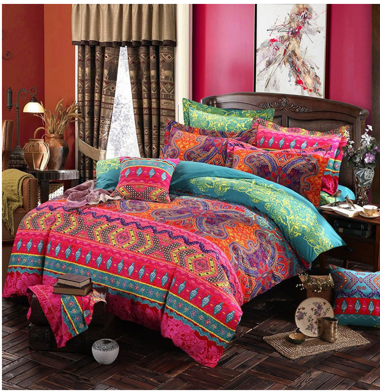 KTX-457875 Cotton Ethnic Style Bedding Set with Geometric Pattern - Three Quilt Covers in Various Sizes