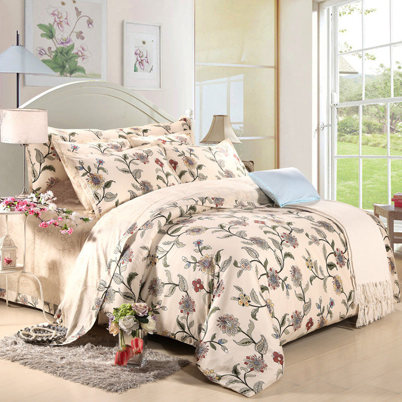 KTX-458323 Cotton Twill Bedding Set with Plant and Flower Design, Available for 1.5m, 1.8m, and 2.0m Beds