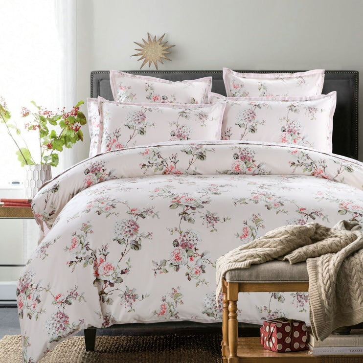 KTX-458323 Cotton Twill Bedding Set with Plant and Flower Design, Available for 1.5m, 1.8m, and 2.0m Beds