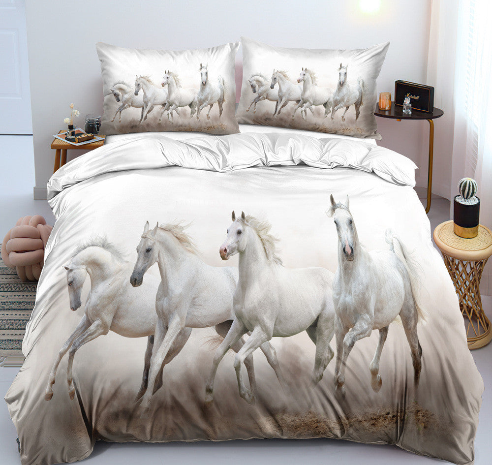 KTX-462995 Customizable 3D Digital Horse Pattern Bedding Set - Three or Four-Piece Polyester Collection for 2.0m Beds