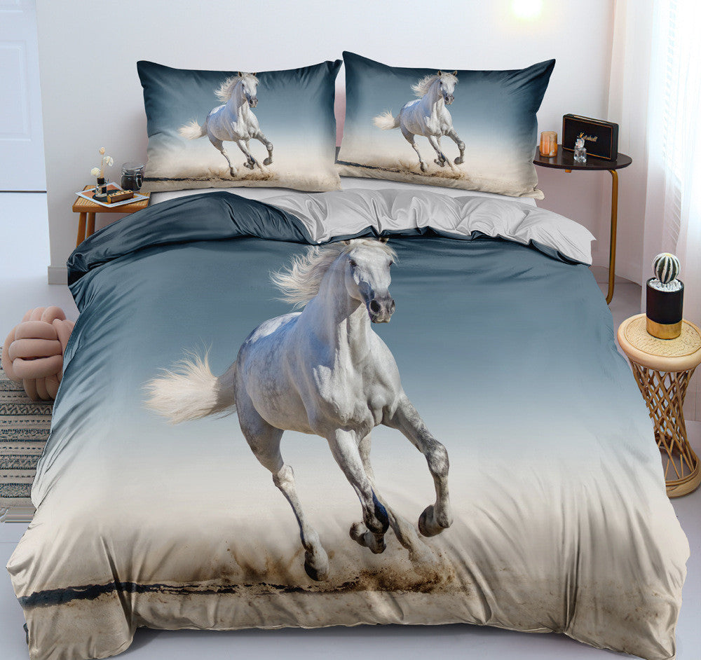 KTX-462995 Customizable 3D Digital Horse Pattern Bedding Set - Three or Four-Piece Polyester Collection for 2.0m Beds