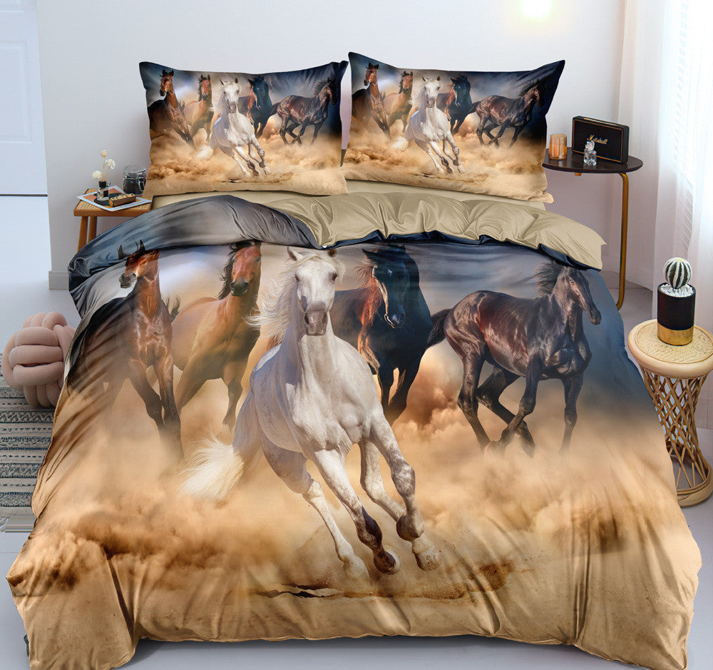KTX-462995 Customizable 3D Digital Horse Pattern Bedding Set - Three or Four-Piece Polyester Collection for 2.0m Beds