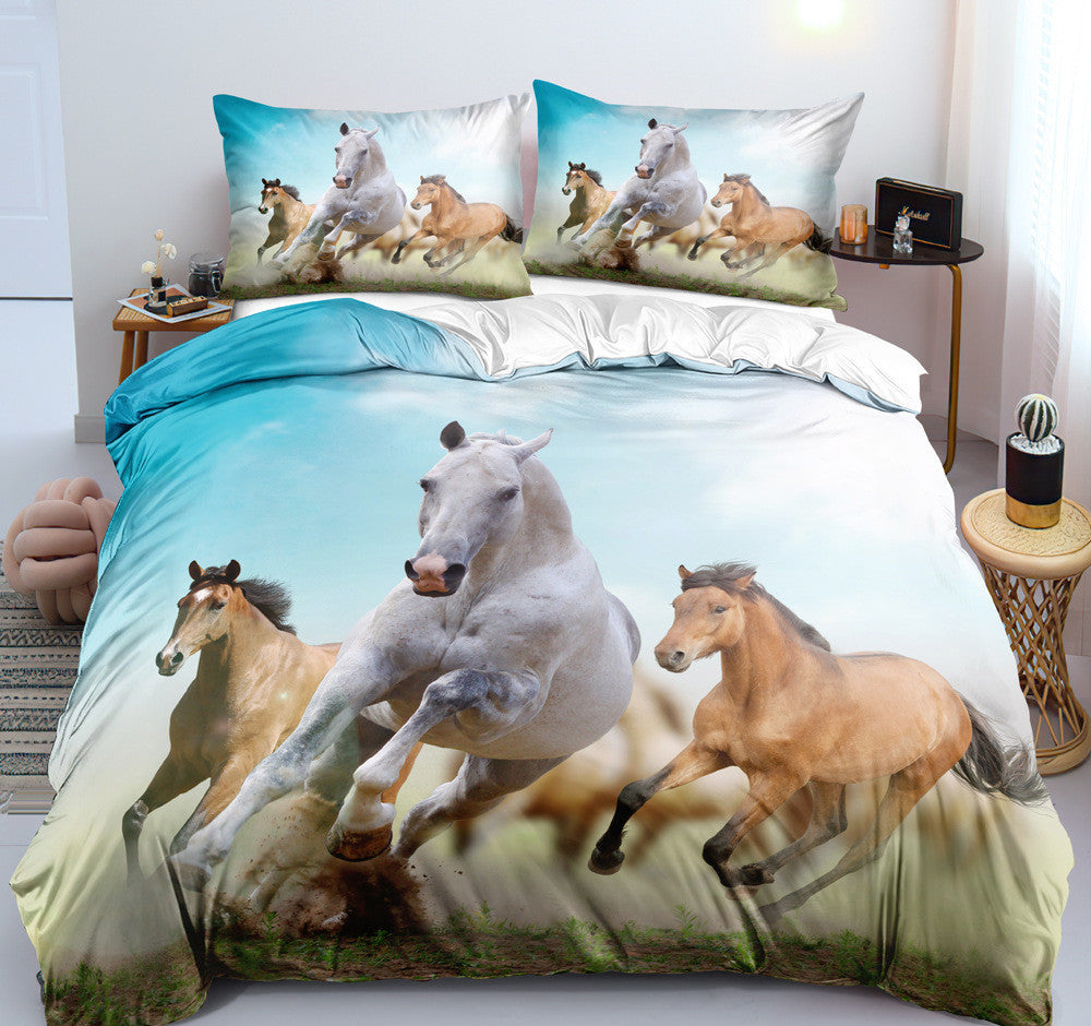 KTX-462995 Customizable 3D Digital Horse Pattern Bedding Set - Three or Four-Piece Polyester Collection for 2.0m Beds