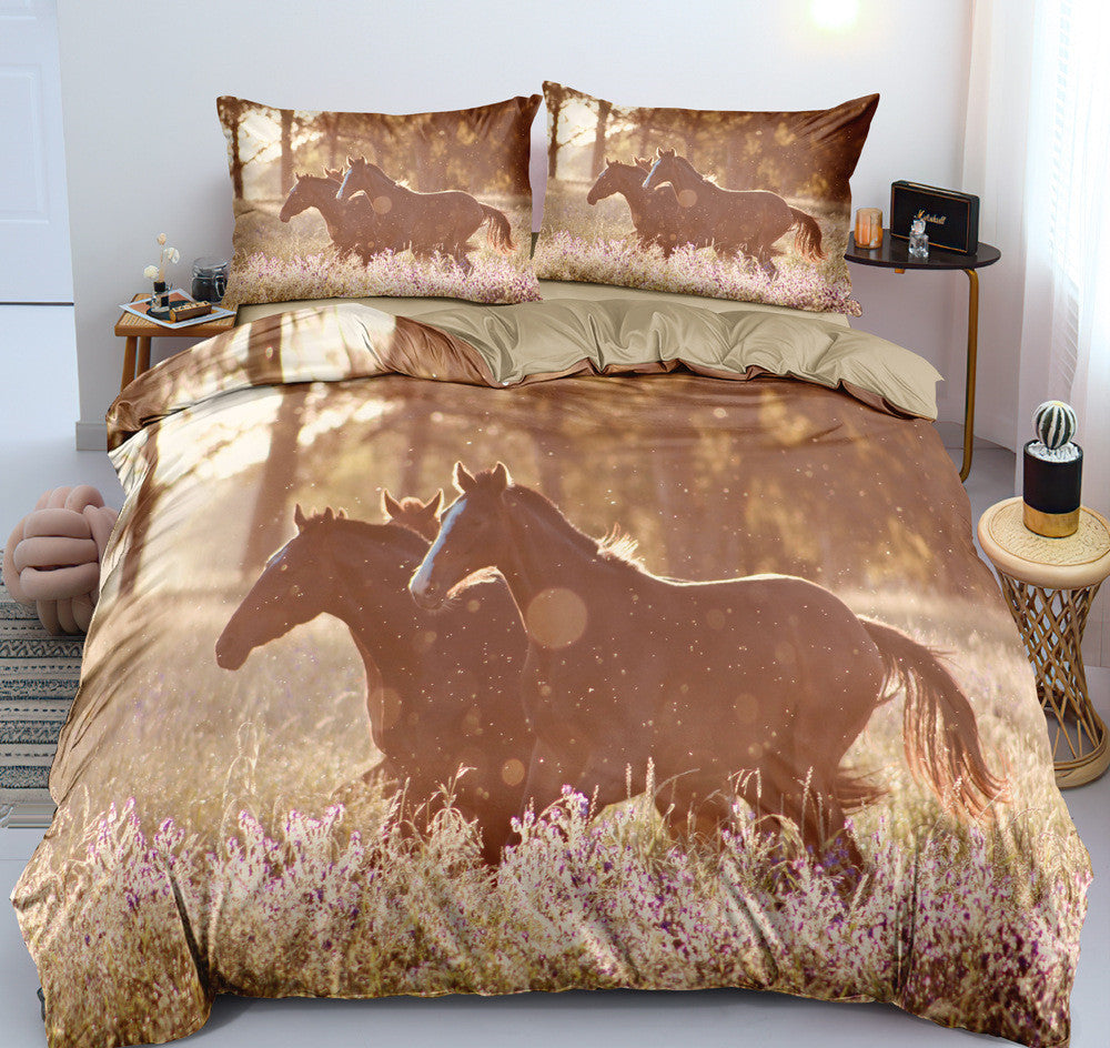 KTX-462995 Customizable 3D Digital Horse Pattern Bedding Set - Three or Four-Piece Polyester Collection for 2.0m Beds