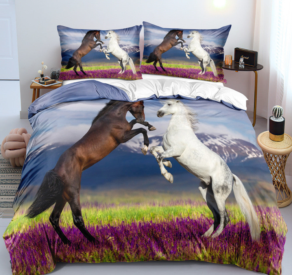 KTX-462995 Customizable 3D Digital Horse Pattern Bedding Set - Three or Four-Piece Polyester Collection for 2.0m Beds