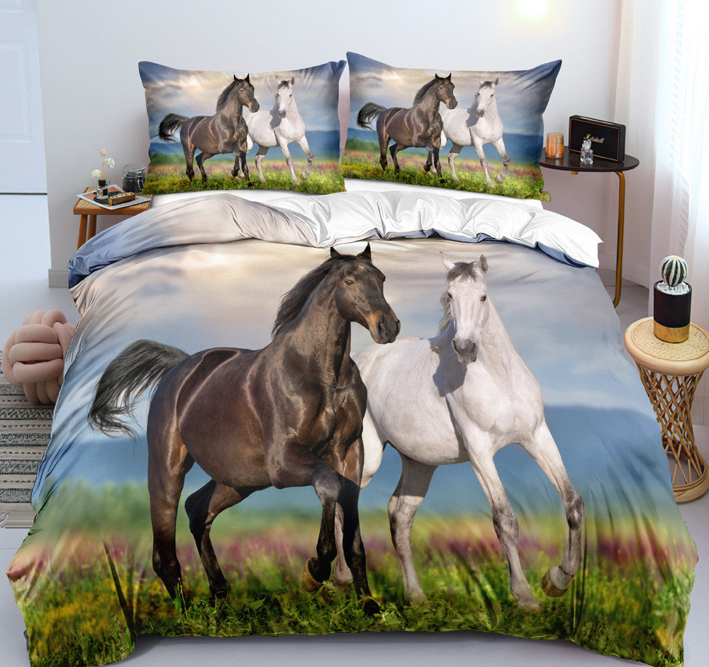 KTX-462995 Customizable 3D Digital Horse Pattern Bedding Set - Three or Four-Piece Polyester Collection for 2.0m Beds