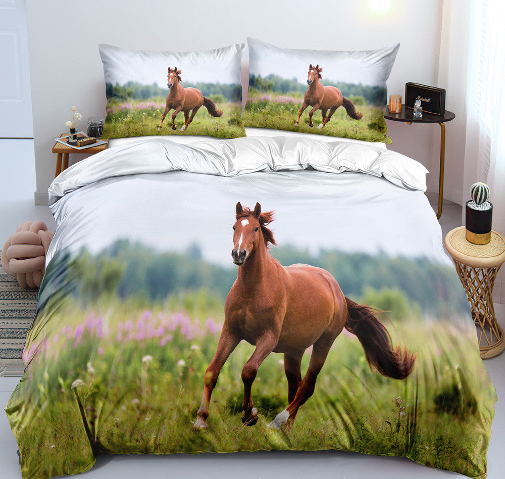 KTX-462995 Customizable 3D Digital Horse Pattern Bedding Set - Three or Four-Piece Polyester Collection for 2.0m Beds