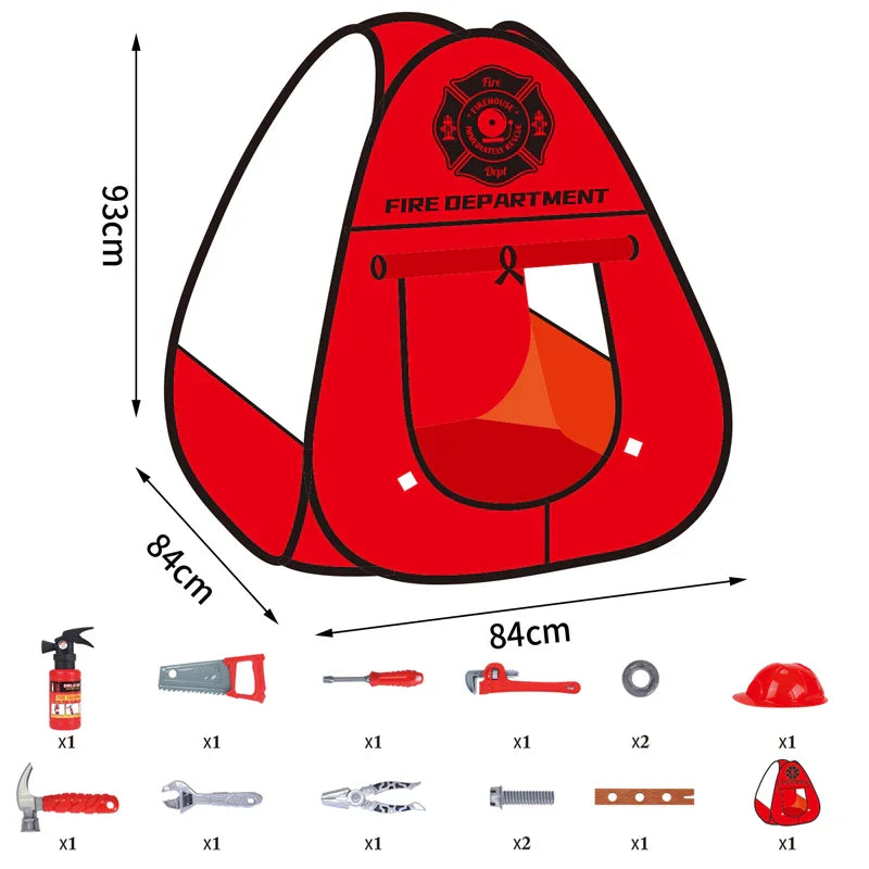 KTX-463251 Fireman Role Play Tent Set for Kids - Foldable Indoor Playhouse with Accessories, Soft Cloth Design, Dimensions 84x84x93cm