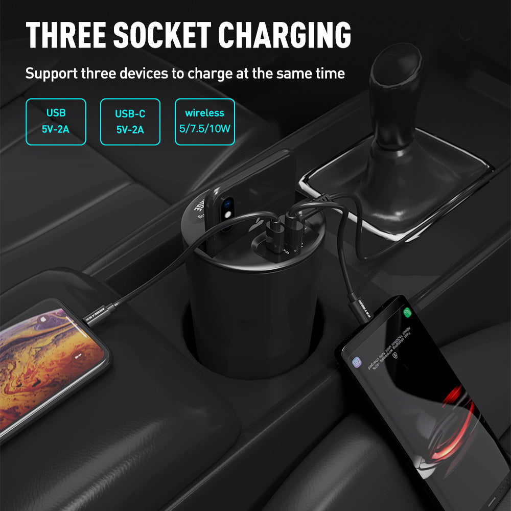 KTX-465363 Wireless Charging Cup for Cars - QI Standard, 10W Power, Includes Base and USB Output, Black