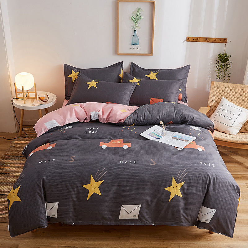 KTX-467923 Brushed Aloe Cotton Four-Piece Quilt Cover Set with Plant and Flower Patterns for 1.2m to 2.2m Beds