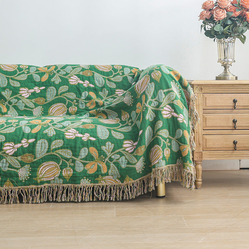 KTX-468435 Universal All-Season Sofa Cover in Green Floral Pattern, Modern Cotton Towel Blanket - 200cm x 230cm