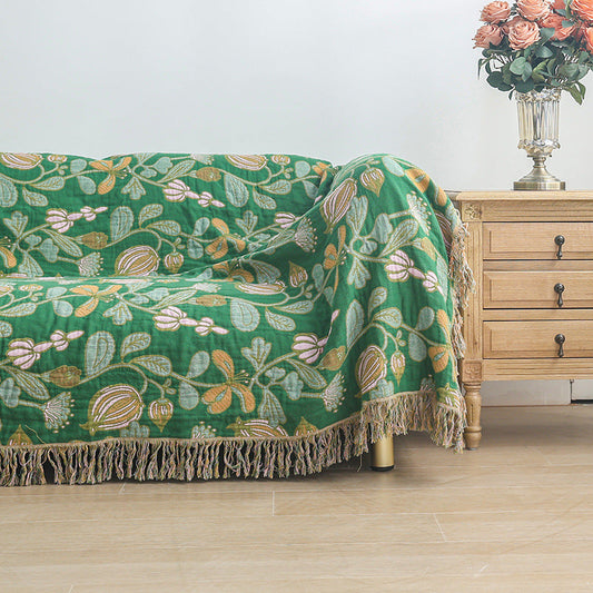 KTX-468435 Universal All-Season Sofa Cover in Green Floral Pattern, Modern Cotton Towel Blanket - 200cm x 230cm