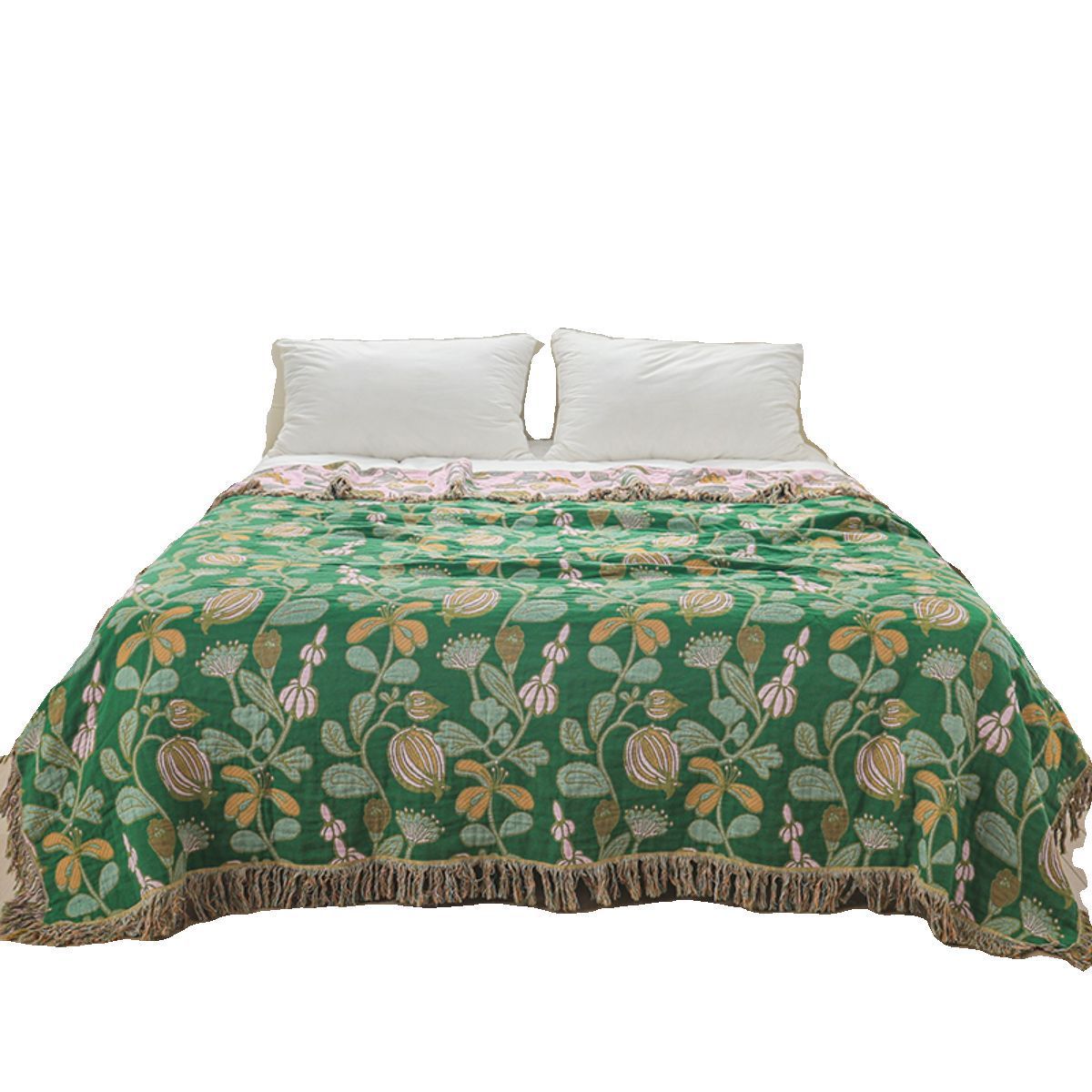 KTX-468435 Universal All-Season Sofa Cover in Green Floral Pattern, Modern Cotton Towel Blanket - 200cm x 230cm
