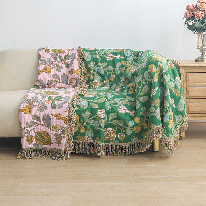 KTX-468435 Universal All-Season Sofa Cover in Green Floral Pattern, Modern Cotton Towel Blanket - 200cm x 230cm