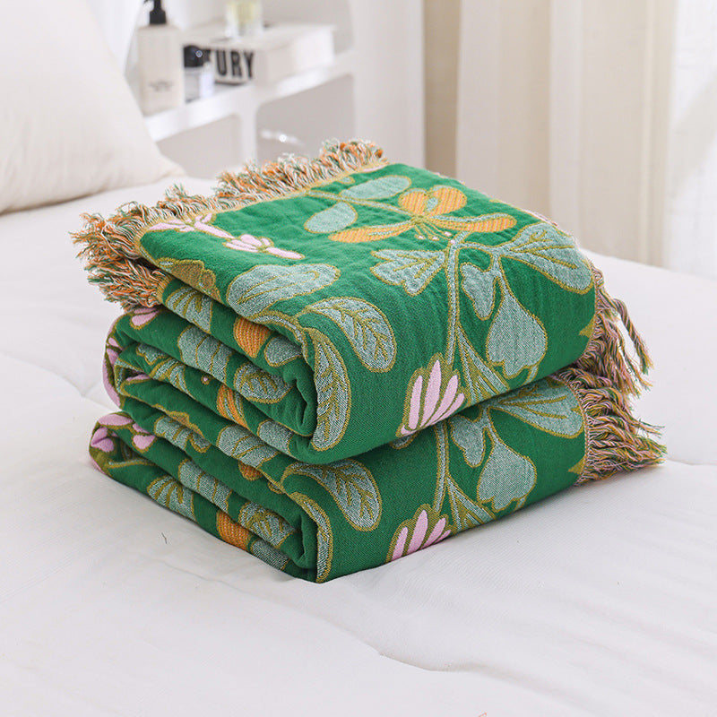 KTX-468435 Universal All-Season Sofa Cover in Green Floral Pattern, Modern Cotton Towel Blanket - 200cm x 230cm