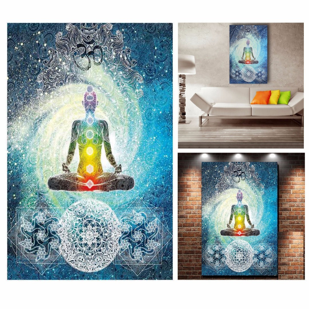 KTX-469459 7 Chakra Buddha Wall Tapestry - India Blue Tone Polyester Bed Cover for Indoor and Outdoor Use