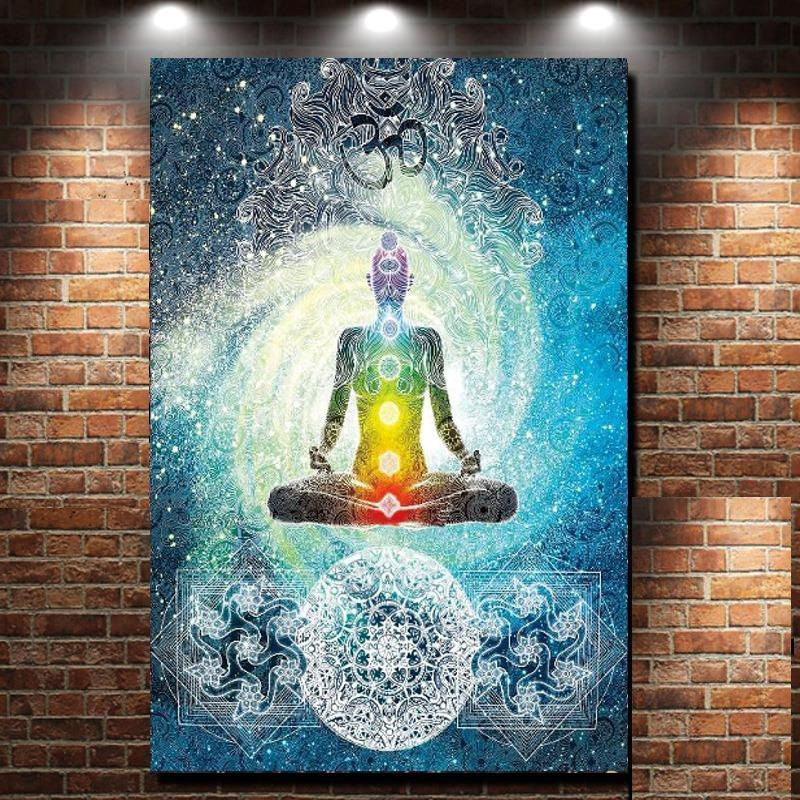 KTX-469459 7 Chakra Buddha Wall Tapestry - India Blue Tone Polyester Bed Cover for Indoor and Outdoor Use