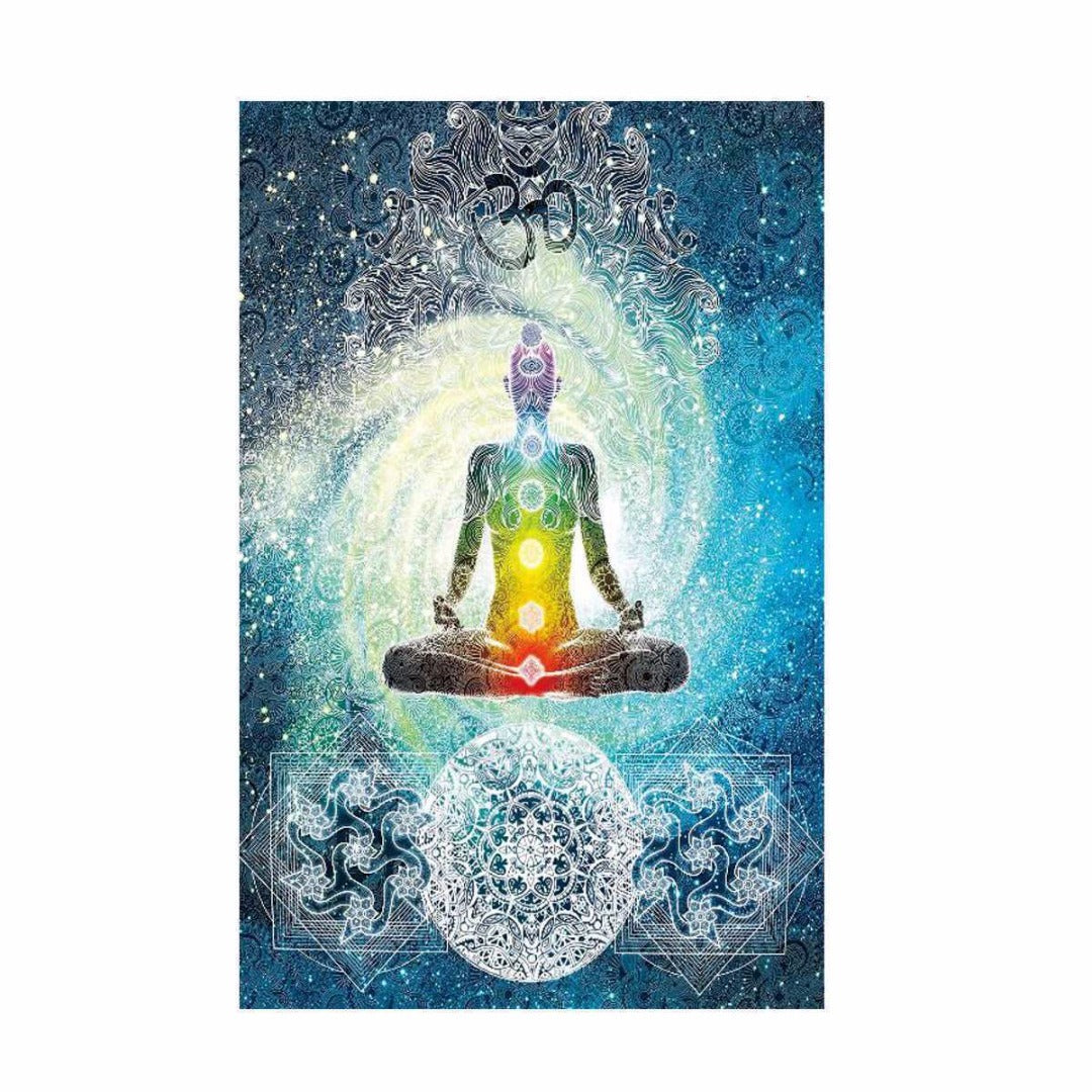 KTX-469459 7 Chakra Buddha Wall Tapestry - India Blue Tone Polyester Bed Cover for Indoor and Outdoor Use