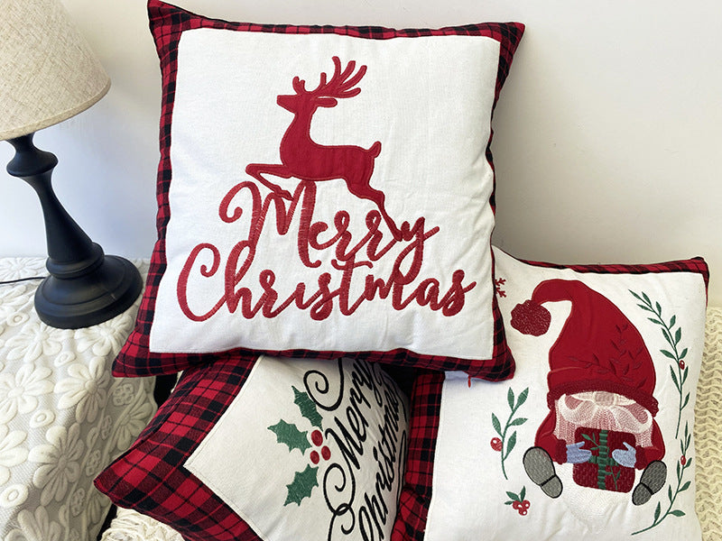 KTX-469715 Christmas Embroidery Pillow Cover featuring Santa Claus and Deer - 45x45cm Polyester Fiber Cushion