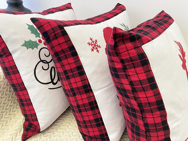 KTX-469715 Christmas Embroidery Pillow Cover featuring Santa Claus and Deer - 45x45cm Polyester Fiber Cushion