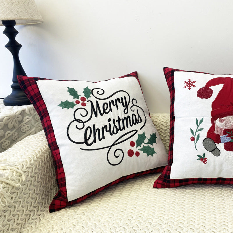 KTX-469715 Christmas Embroidery Pillow Cover featuring Santa Claus and Deer - 45x45cm Polyester Fiber Cushion