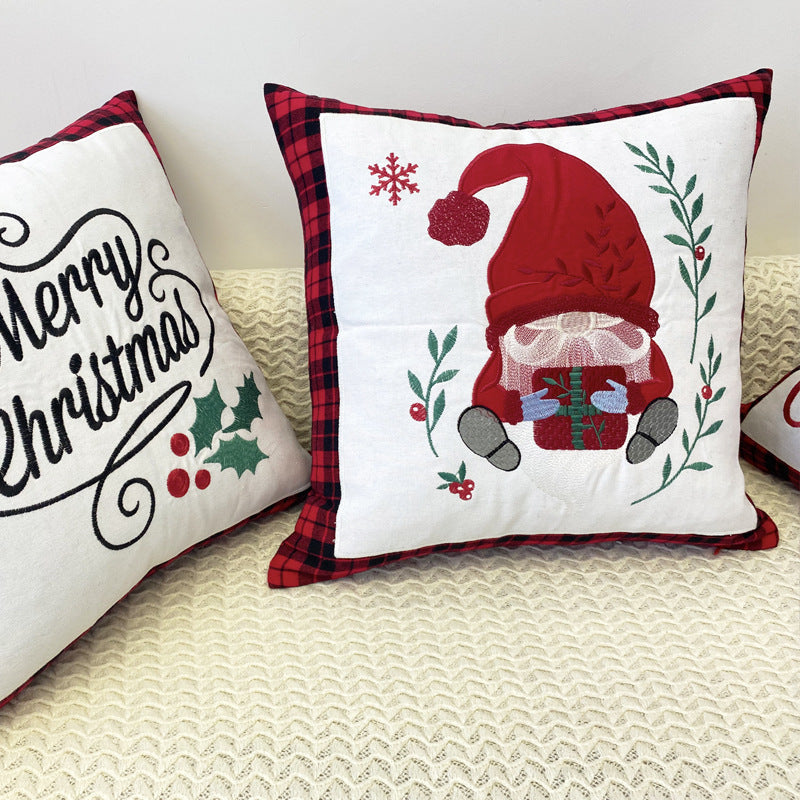 KTX-469715 Christmas Embroidery Pillow Cover featuring Santa Claus and Deer - 45x45cm Polyester Fiber Cushion
