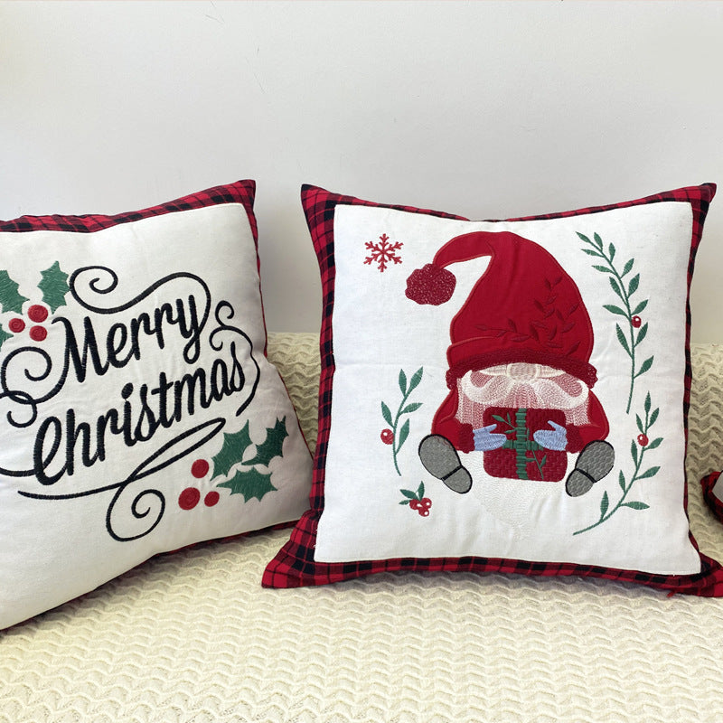 KTX-469715 Christmas Embroidery Pillow Cover featuring Santa Claus and Deer - 45x45cm Polyester Fiber Cushion