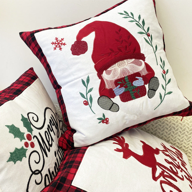 KTX-469715 Christmas Embroidery Pillow Cover featuring Santa Claus and Deer - 45x45cm Polyester Fiber Cushion