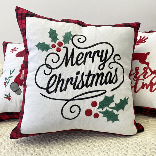 KTX-469715 Christmas Embroidery Pillow Cover featuring Santa Claus and Deer - 45x45cm Polyester Fiber Cushion