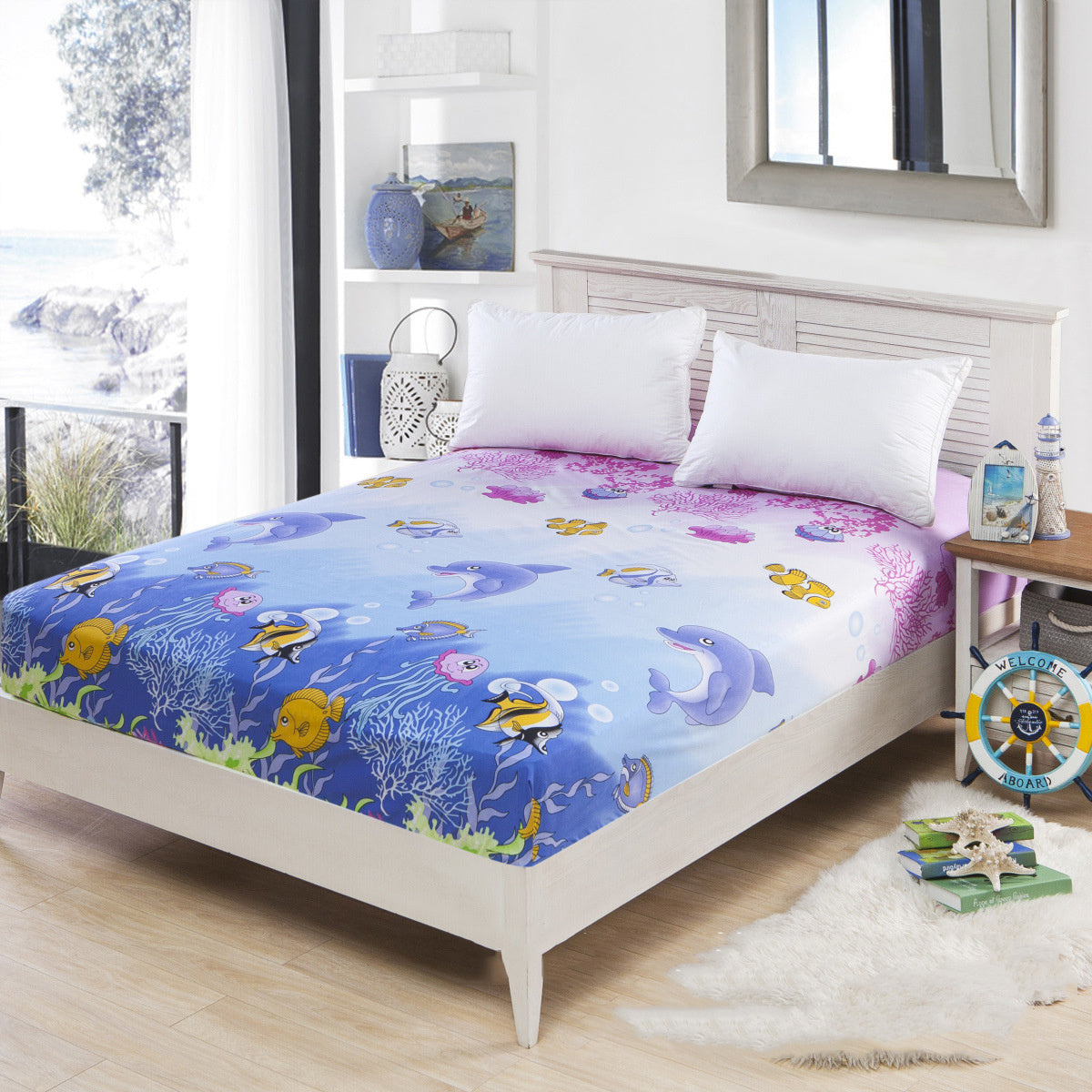 KTX-469715 Floral Pattern Mattress Protector in Polyester Cotton Blend, 200x230cm